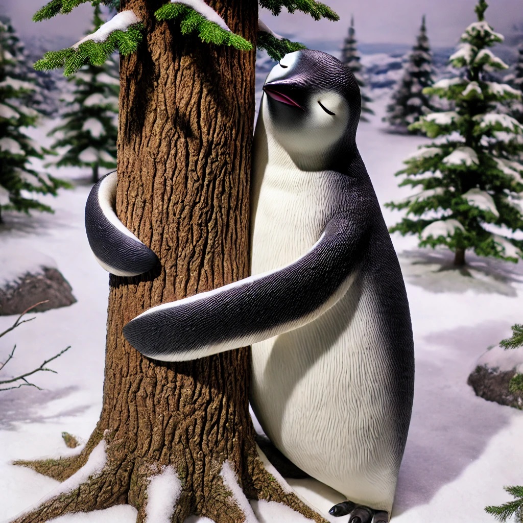 Penguin hugging the tree 